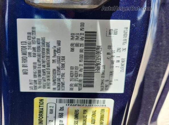 1FA6P8CF3J5100284 2018 FORD MUSTANG Blue Widok komory silnika