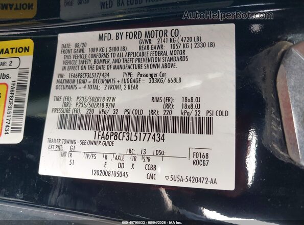 1FA6P8CF3L5177434 2020 FORD MUSTANG Black Widok komory silnika