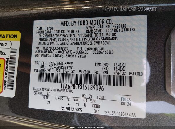1FA6P8CF3L5189096 2020 FORD MUSTANG Gray Vista del compartimento del motor
