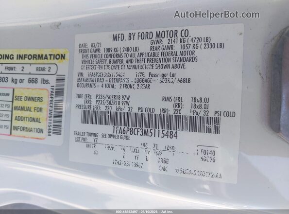 1FA6P8CF3M5115484 2021 FORD MUSTANG White Շարժիչի բաժամունքի տեսք