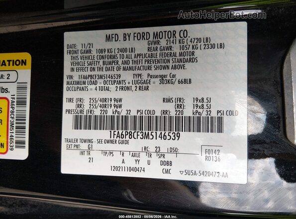 1FA6P8CF3M5146539 2021 FORD MUSTANG Black Vista del compartimento del motor