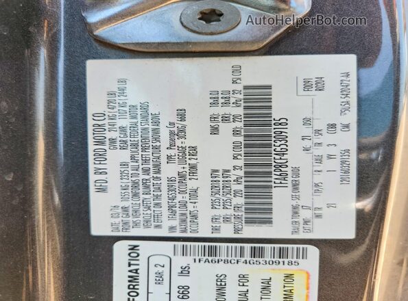 1FA6P8CF4G5309185 2016 FORD MUSTANG Charcoal VIN sticker view