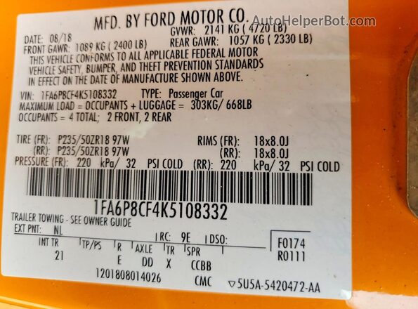 1FA6P8CF4K5108332 2019 FORD MUSTANG Orange Vista de la etiqueta del VIN