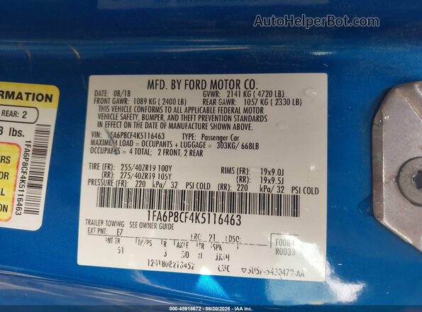 1FA6P8CF4K5116463 2019 FORD MUSTANG Blue Engine compartment view
