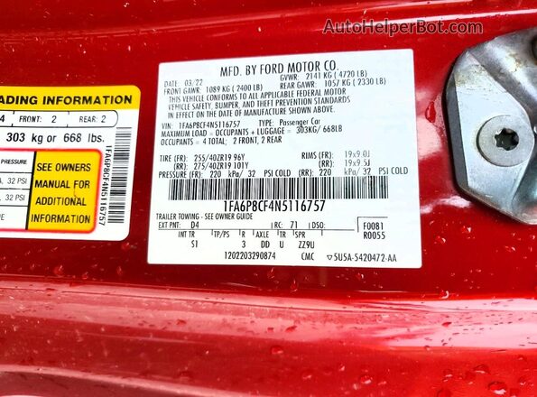 1FA6P8CF4N5116757 2022 FORD MUSTANG Red Вид підкапотного простору