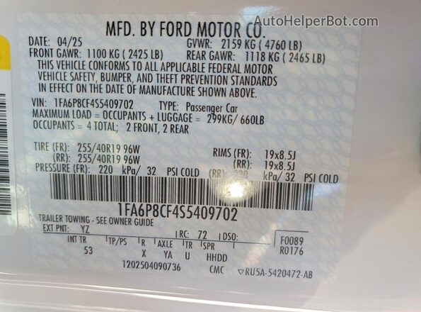 1FA6P8CF4S5409702 2025 FORD MUSTANG White ძრავის განყოფილების ხედი