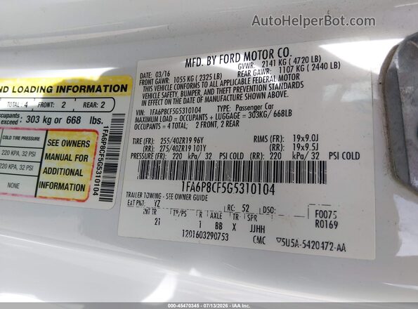 1FA6P8CF5G5310104 2016 FORD MUSTANG White ძრავის განყოფილების ხედი