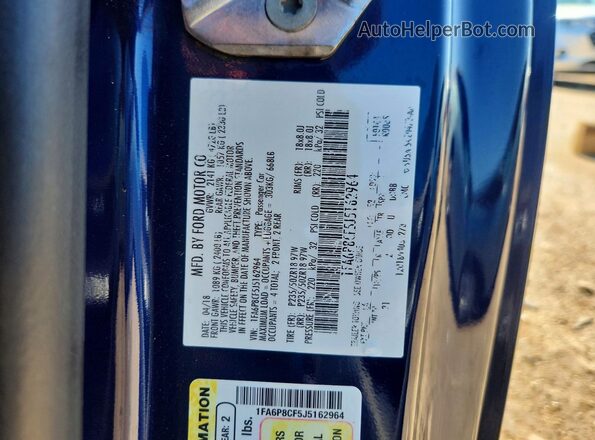 1FA6P8CF5J5162964 2018 FORD MUSTANG Синий Вид наклейки с VIN-кодом