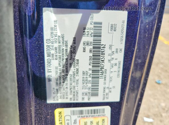 1FA6P8CF5K5189762 2019 FORD MUSTANG Blue VIN կոդի պիտակի տեսք