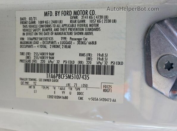 1FA6P8CF5M5107435 2021 FORD MUSTANG White Շարժիչի բաժամունքի տեսք