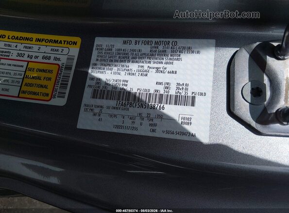 1FA6P8CF5N5138766 2022 FORD MUSTANG Silver Вид підкапотного простору