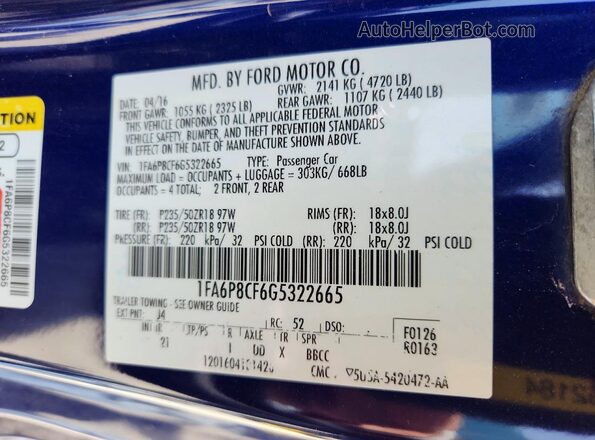 1FA6P8CF6G5322665 2016 FORD MUSTANG Blue ძრავის განყოფილების ხედი