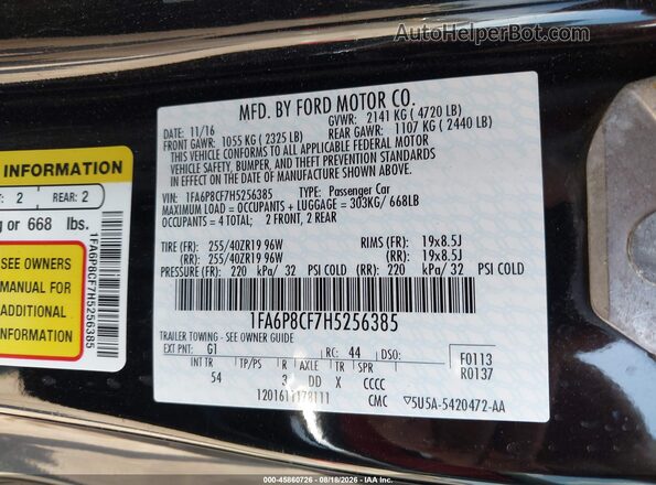 1FA6P8CF7H5256385 2017 FORD MUSTANG Black Շարժիչի բաժամունքի տեսք
