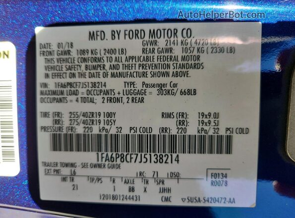 1FA6P8CF7J5138214 2018 FORD MUSTANG Blue Widok naklejki z numerem VIN