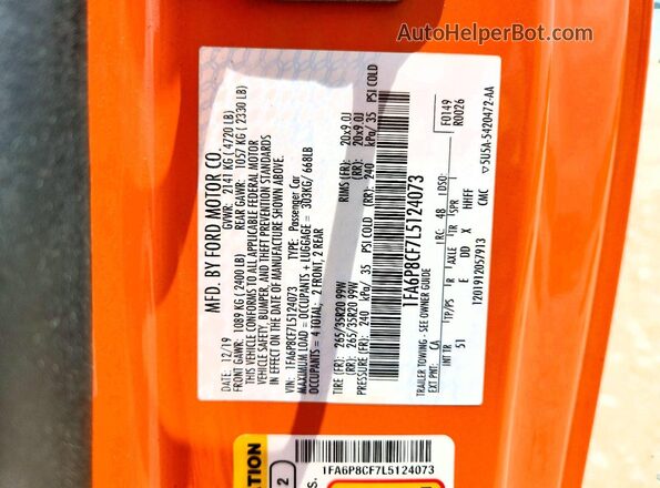 1FA6P8CF7L5124073 2020 FORD MUSTANG Orange VIN sticker view