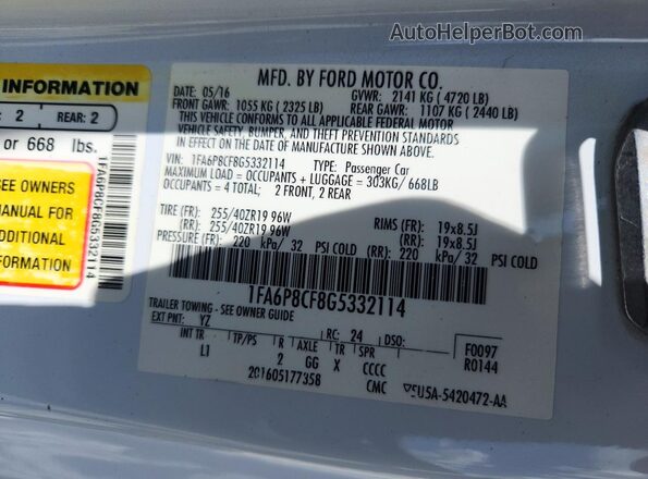 1FA6P8CF8G5332114 2016 FORD MUSTANG White VIN კოდის სტიკერის ხედი
