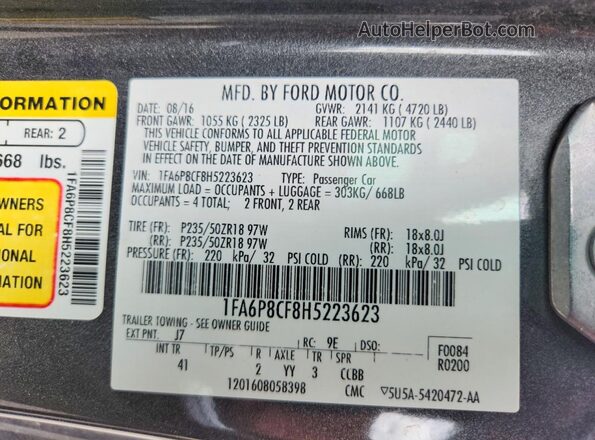 1FA6P8CF8H5223623 2017 FORD MUSTANG Gray Vista del compartimento del motor