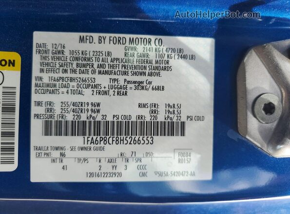 1FA6P8CF8H5266553 2017 FORD MUSTANG Blue Շարժիչի բաժամունքի տեսք