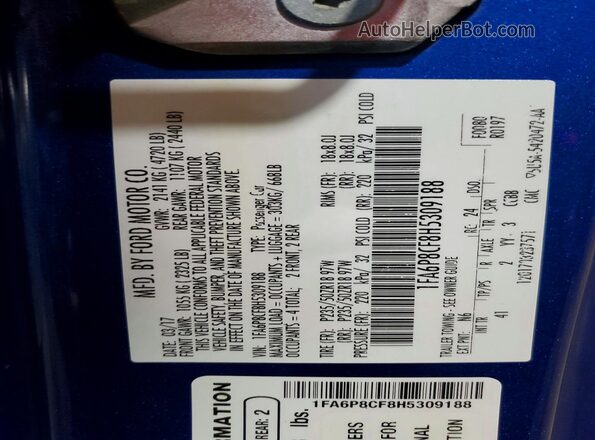 1FA6P8CF8H5309188 2017 FORD MUSTANG Blue VIN sticker view