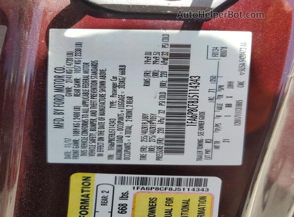 1FA6P8CF8J5114343 2018 FORD MUSTANG Maroon Vista de la etiqueta del VIN