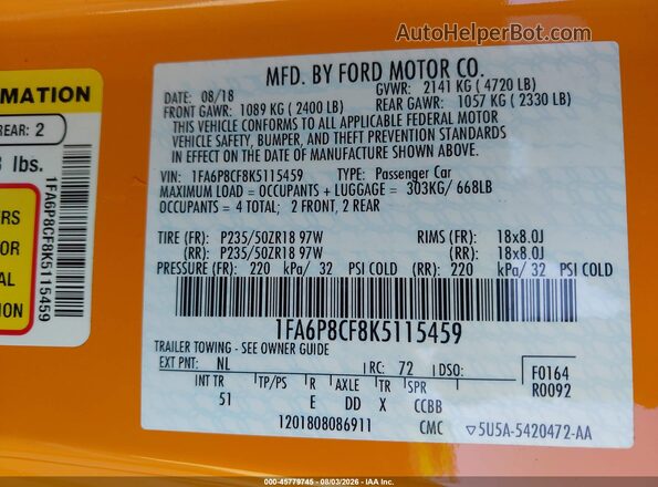 1FA6P8CF8K5115459 2019 FORD MUSTANG Оранжевый Вид подкапотного пространства