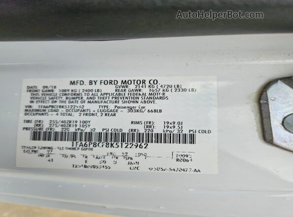 1FA6P8CF8K5122962 2019 FORD MUSTANG White Widok komory silnika