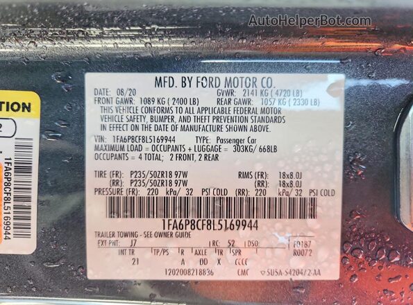 1FA6P8CF8L5169944 2020 FORD MUSTANG Charcoal Vista de la etiqueta del VIN