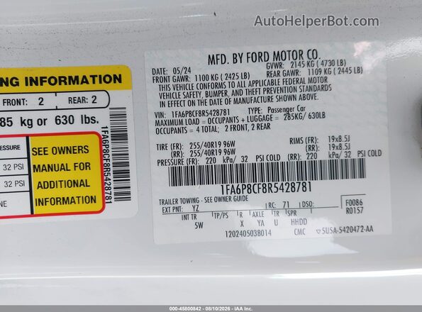 1FA6P8CF8R5428781 2024 FORD MUSTANG White Widok komory silnika