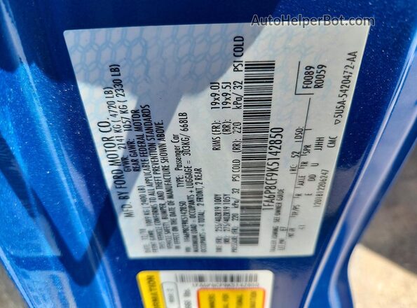 1FA6P8CF9K5142850 2019 FORD MUSTANG Blue Vista del compartimento del motor