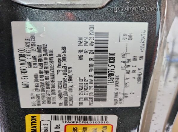 1FA6P8CF9L5103810 2020 FORD MUSTANG Gray Շարժիչի բաժամունքի տեսք
