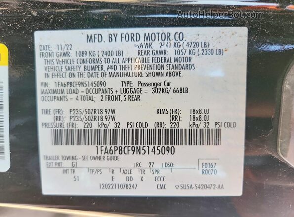 1FA6P8CF9N5145090 2022 FORD MUSTANG Черный Вид наклейки с VIN-кодом