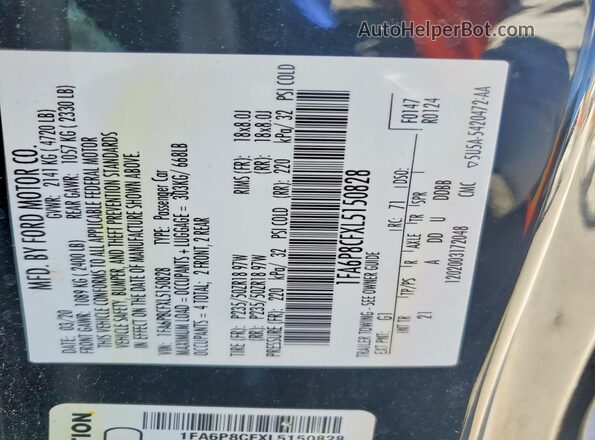 1FA6P8CFXL5150828 2020 FORD MUSTANG Black Շարժիչի բաժամունքի տեսք