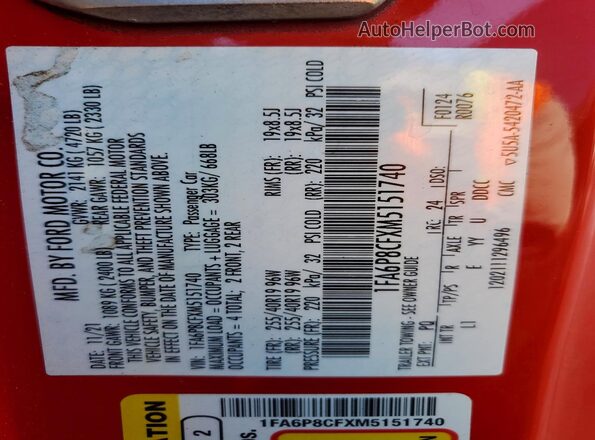 1FA6P8CFXM5151740 2021 FORD MUSTANG Red VIN კოდის სტიკერის ხედი