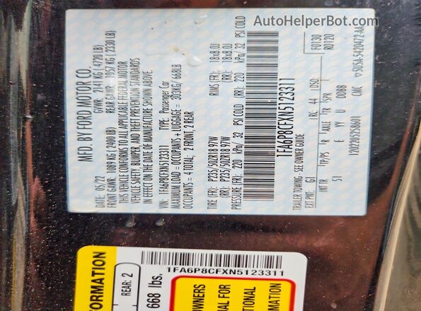 1FA6P8CFXN5123311 2022 FORD MUSTANG Black Widok komory silnika