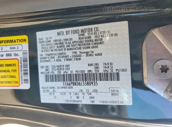 1FA6P8K06L5580935 2020 FORD MUSTANG Black Vista del compartimento del motor
