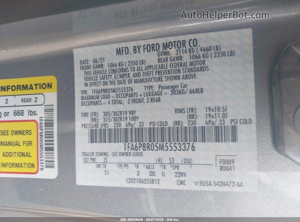 1FA6P8R05M5553376 2021 FORD MUSTANG Silver Vista del compartimento del motor