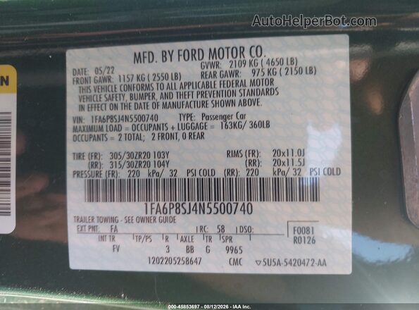 1FA6P8SJ4N5500740 2022 FORD MUSTANG Green Вид підкапотного простору