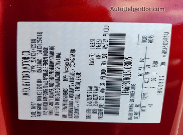 1FA6P8TH0J5108005 2018 FORD MUSTANG Red VIN կոդի պիտակի տեսք