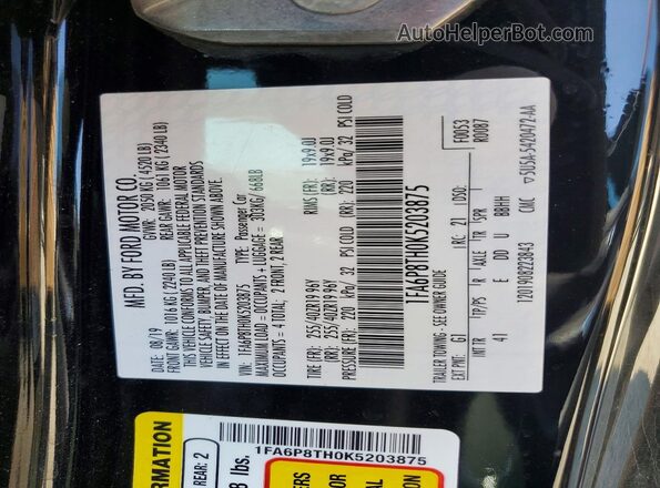 1FA6P8TH0K5203875 2019 FORD MUSTANG Black ძრავის განყოფილების ხედი