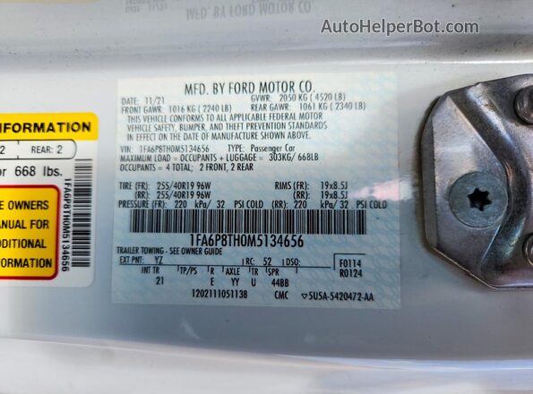 1FA6P8TH0M5134656 2021 FORD MUSTANG White Շարժիչի բաժամունքի տեսք