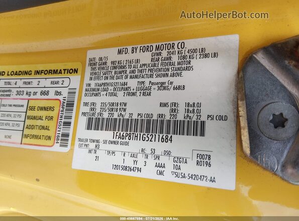 1FA6P8TH1G5211684 2016 FORD MUSTANG Yellow ძრავის განყოფილების ხედი