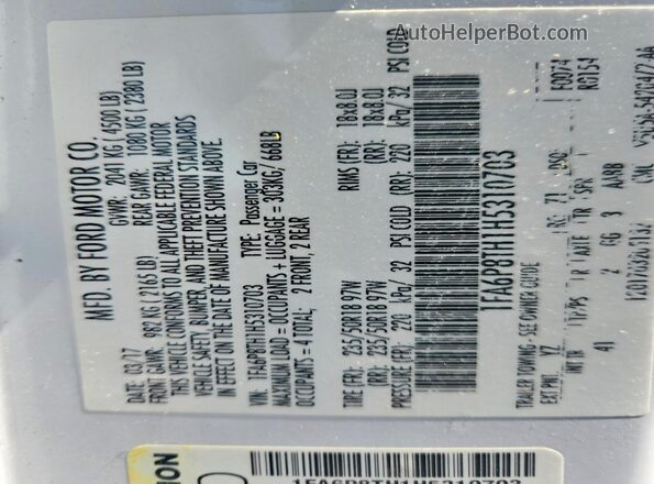 1FA6P8TH1H5310703 2017 FORD MUSTANG Белый Вид подкапотного пространства