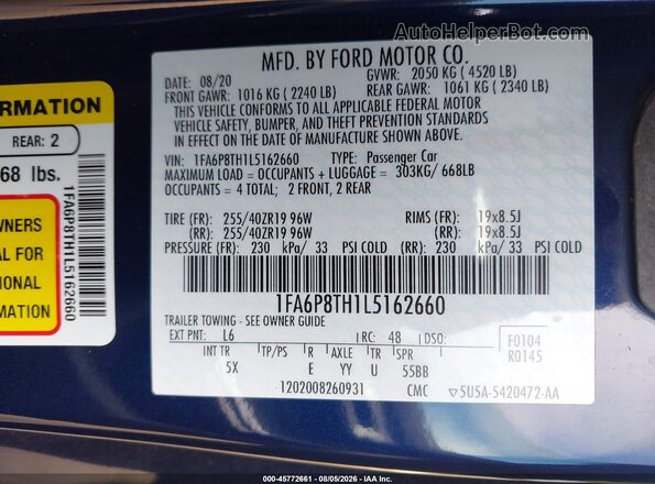 1FA6P8TH1L5162660 2020 FORD MUSTANG Blue Вид підкапотного простору