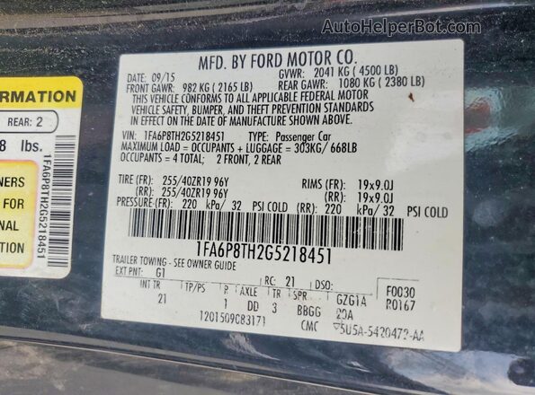 1FA6P8TH2G5218451 2016 FORD MUSTANG Black Vista del compartimento del motor
