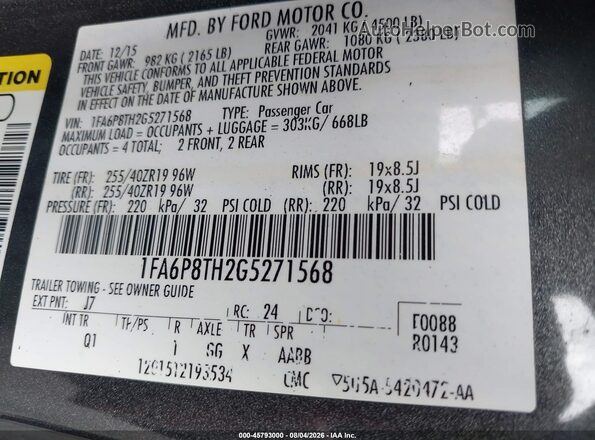 1FA6P8TH2G5271568 2016 FORD MUSTANG Gray Engine compartment view