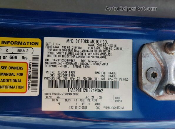 1FA6P8TH2H5249362 2017 FORD MUSTANG Blue Engine compartment view