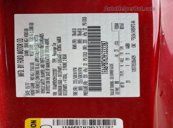 1FA6P8TH2H5332287 2017 FORD MUSTANG Красный Вид подкапотного пространства