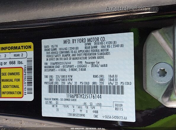 1FA6P8TH2J5176144 2018 FORD MUSTANG Black Շարժիչի բաժամունքի տեսք