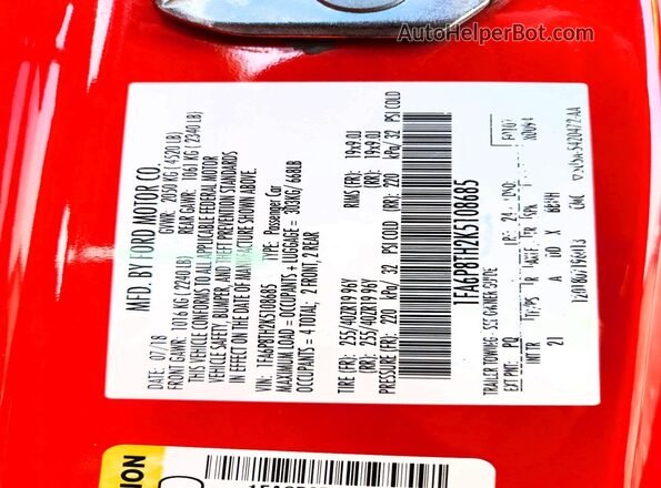 1FA6P8TH2K5108685 2019 FORD MUSTANG Красный Вид подкапотного пространства