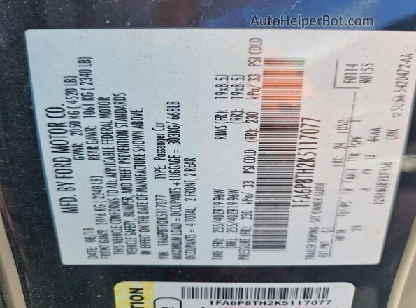 1FA6P8TH2K5117077 2019 FORD MUSTANG Black VIN კოდის სტიკერის ხედი